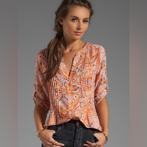 BCBG MaxAzria orange and pink print tunic with adjustable sleeves - Picture 4 of 4